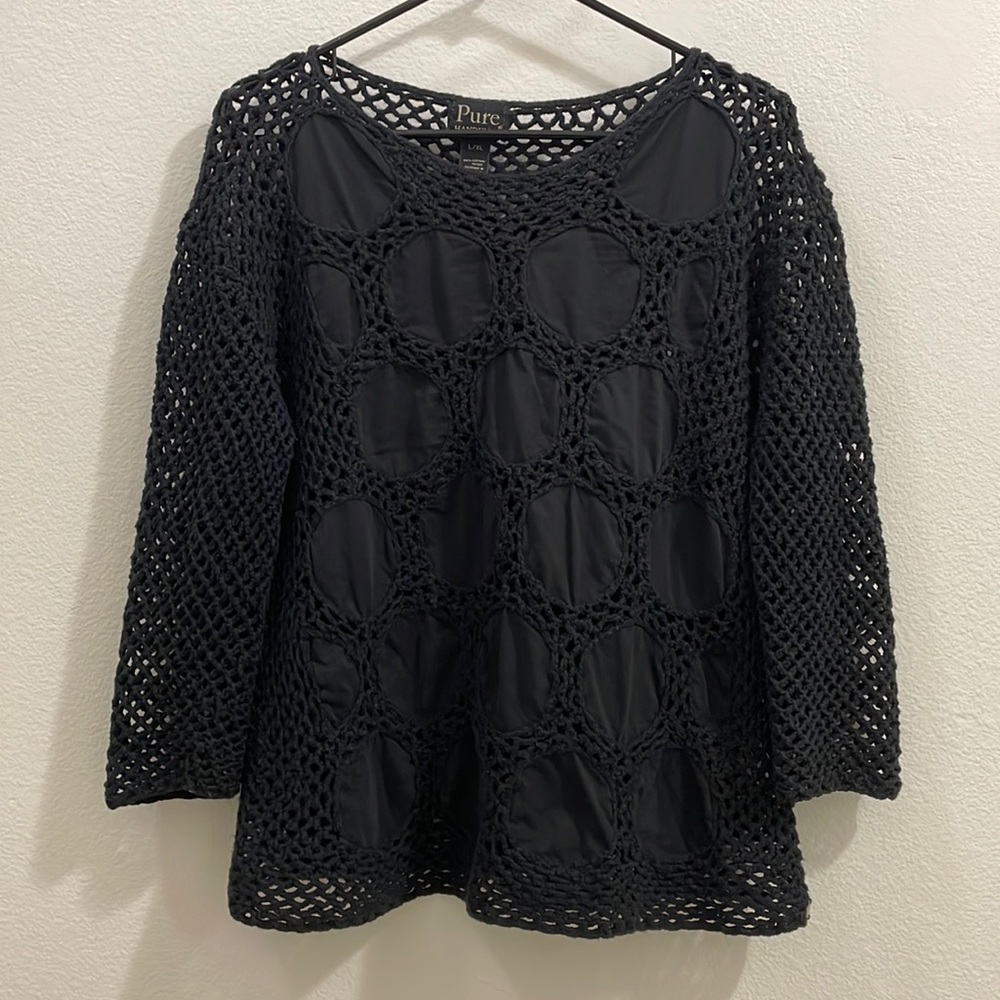Pure Handknit Anthropologie Crochet 3/4 Sleeve Pullover Sweater - Black